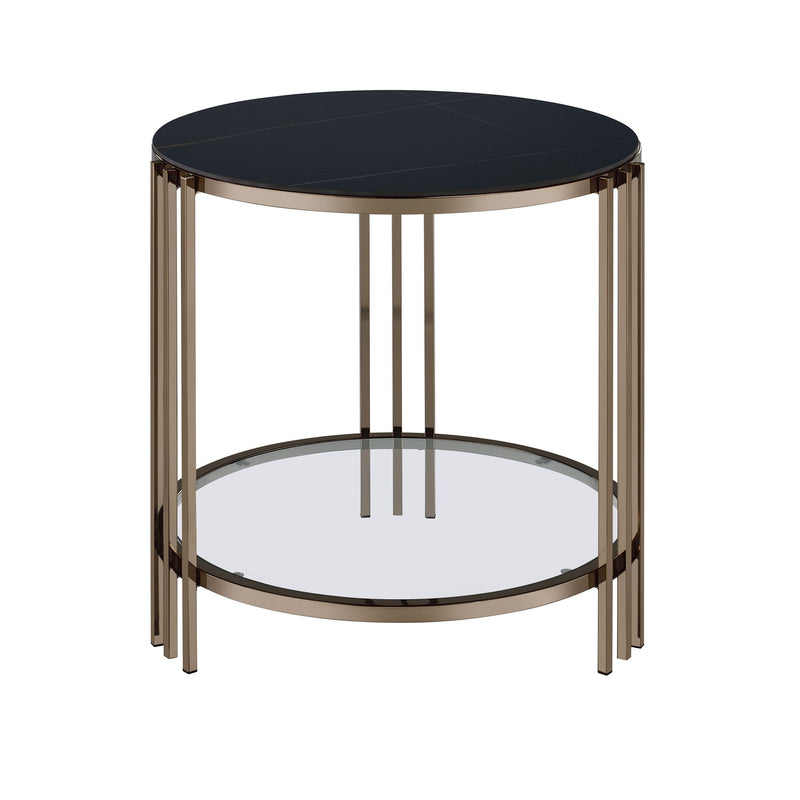 Stone And Metal Round End Table With Shelf - Black / Champagne