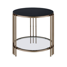 Load image into Gallery viewer, Stone And Metal Round End Table With Shelf - Black / Champagne
