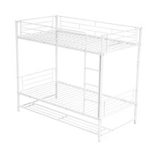 Load image into Gallery viewer, Twin Over Twin Metal Bunk Bed with Shelf and Guardrails, White
