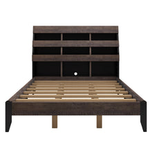 Load image into Gallery viewer, Mid Century Modern Style Queen Bed Frame with Bookshelf and LED Lights and USB Port, Walnut and Black
