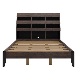 Mid Century Modern Style Queen Bed Frame with Bookshelf and LED Lights and USB Port, Walnut and Black