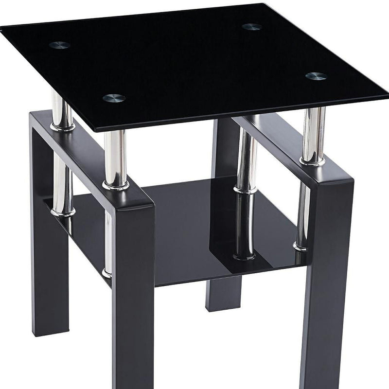 Glass Metal Square End Tables With Shelf - Black