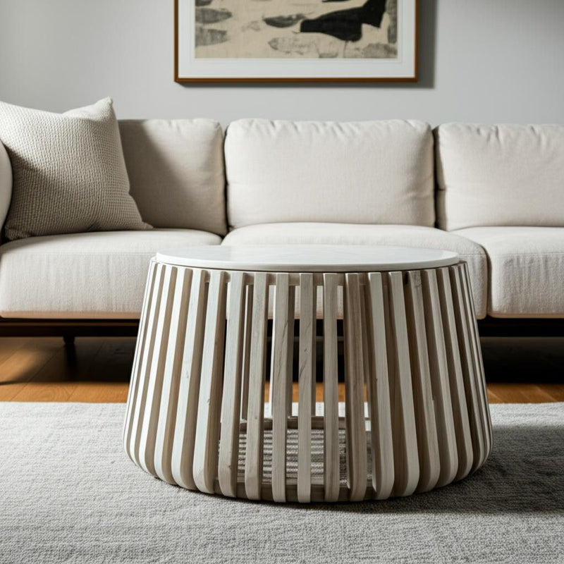 34" Genuine Marble And Wood Round Drum Coffee Table - White And Natural