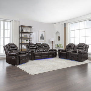 3 Pieces Recliner Sofa Sets Home Theater Seating Manual Recliner Chair With Center Console And LED Light Strip For Living Room