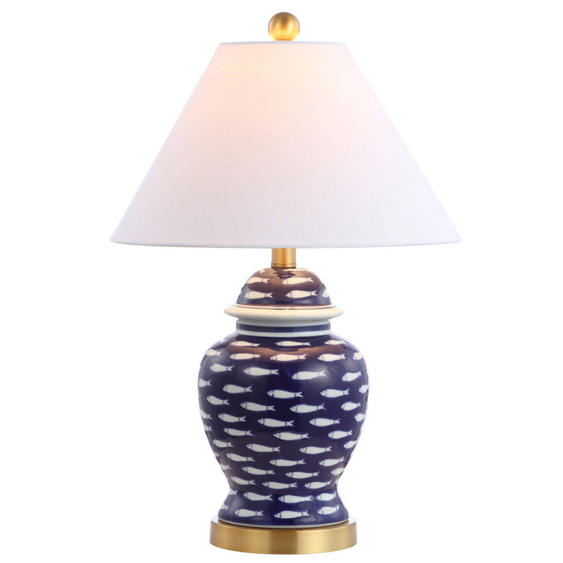 22" Urn Table Lamp With Empire Shade - Navy Blue / White / Gold