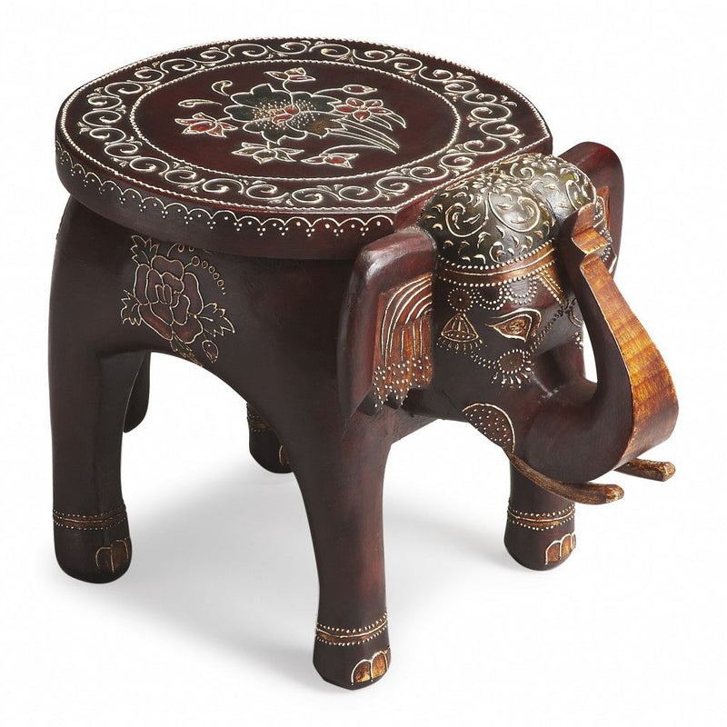 Hand Painted Floral 3D Elephant End Table - Warm Brown