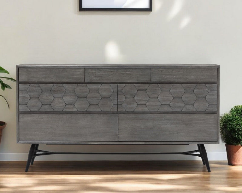 Honeycomb Carved Solid Wood Six Drawer Double Dresser - Gray