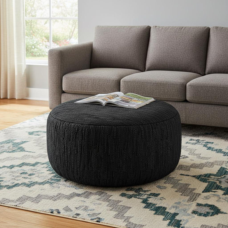 30" Leather Round Pouf Ottoman - Black