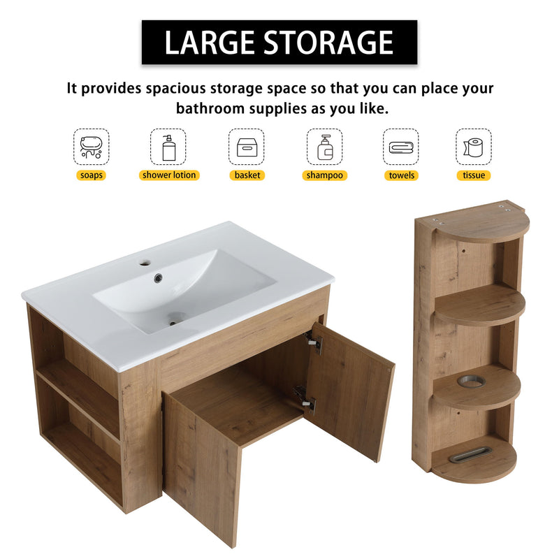 Modern Wall Mounted Bathroom Vanity With Sink And Storage Rack Soft Close Doors - Imitative Oak