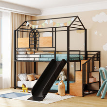 Load image into Gallery viewer, Twin Over Twin Metal Bunk Bed, Metal Housebed with Slide and Storage Stair, Black with Black Slide
