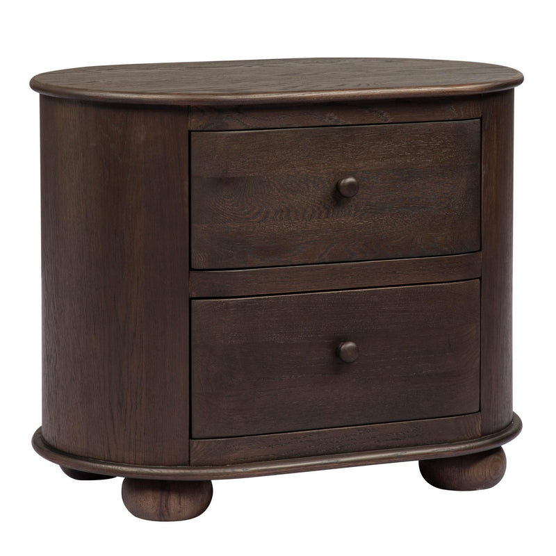 Solid Wood Oval Distressed Two Drawer Nightstand - Brown