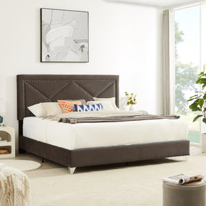 B109 Queen bed .Beautiful brass studs adorn the headboard, strong wooden slats + metal legs with Electroplate