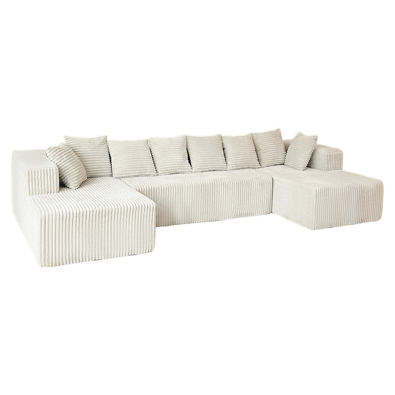 Corduroy Modular U Shaped Three Piece Sofa And Chaise Sectional With Console And Toss Pillows - Beige
