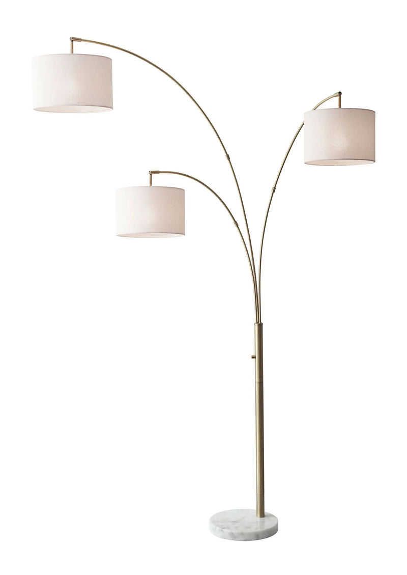 Three Light Arc Floor Lamp With Off-White Fabric Drum Shade - Brass