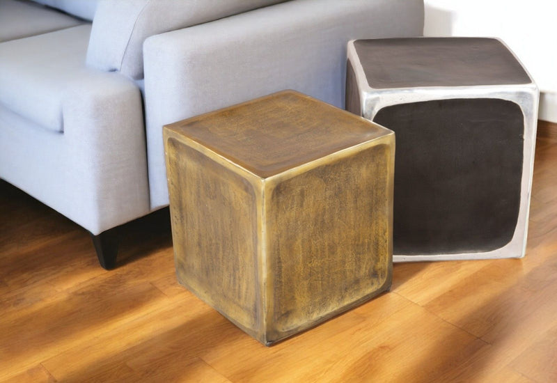 Antiqued Aluminum Square Block End Tables (Set of 2) - Brass
