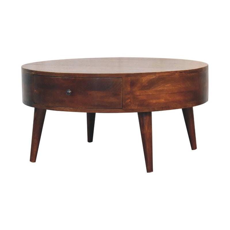 Solid Wood Round Coffee Table With Two Drawers - Chestnut