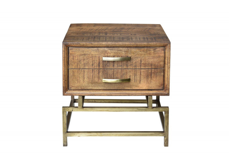 Solid Wood And Iron Square End Table With Drawer - Brass And Brown