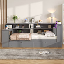 Load image into Gallery viewer, Platform Bed With Upholstered Headboard, Storage Shelves, Drawers, Charging Station, LED Lighting, Built In Desk

