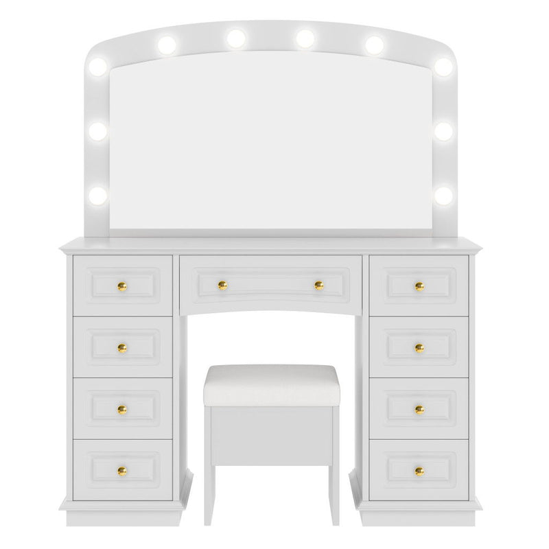Mirrored Nine Drawer Vanity Table Lights - White