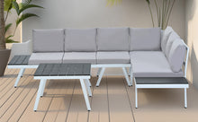 Load image into Gallery viewer, TOPMAX Industrial 5-Piece Aluminum Outdoor Patio Furniture Set, Modern Garden Sectional Sofa Set with End Tables, Coffee Table and Furniture Clips for Backyard, White+Grey
