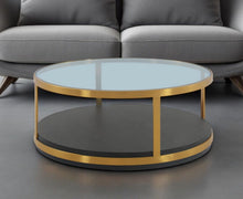 Load image into Gallery viewer, Glass Wood And Metal Round Coffee Table With Shelf - Clear Black And Gold
