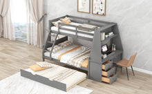 Load image into Gallery viewer, Twin over Full Bunk Bed with Trundle and Built-in Desk, Three Storage Drawers and Shelf,Gray
