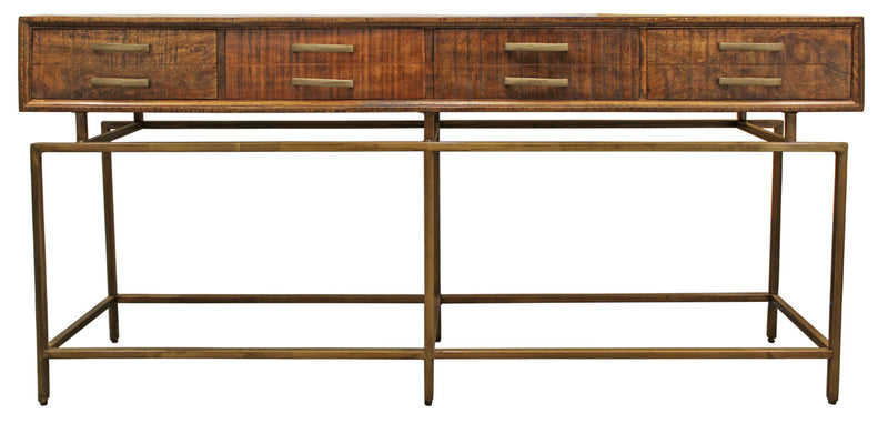 72" Solid Wood Distressed Frame Console Table With Storage - Brown And Brass