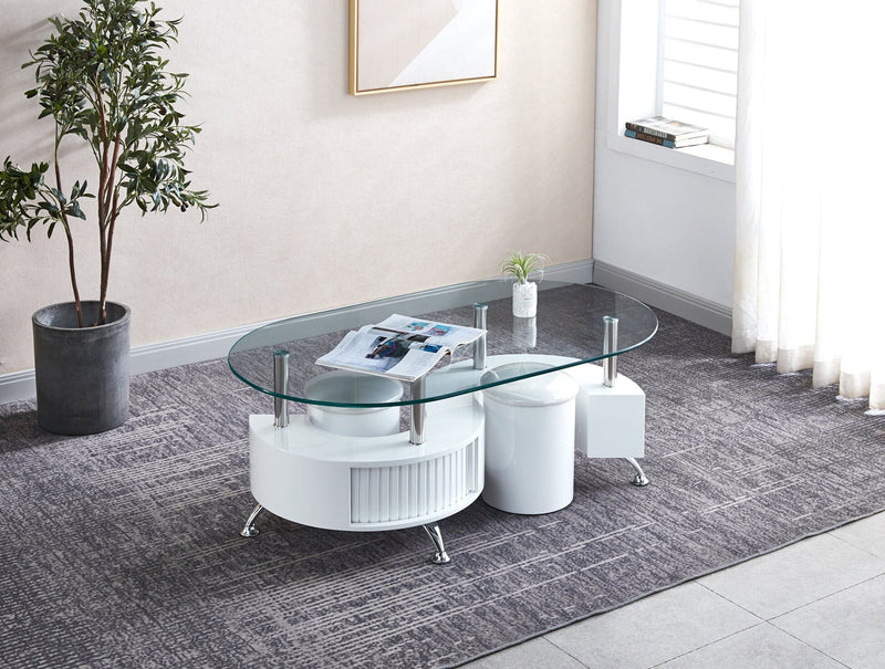 Unfinished Mirrored Glass Wood Stainless Steel Oval Coffee Table - White
