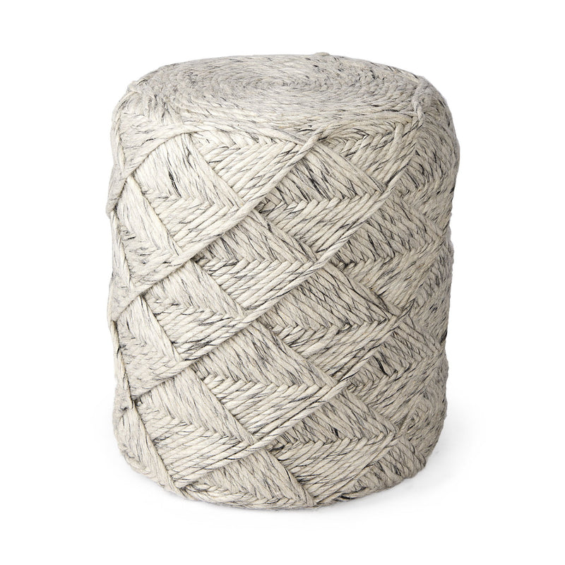 Fabric Geometric Round Pouf Ottoman - Beige / Gray