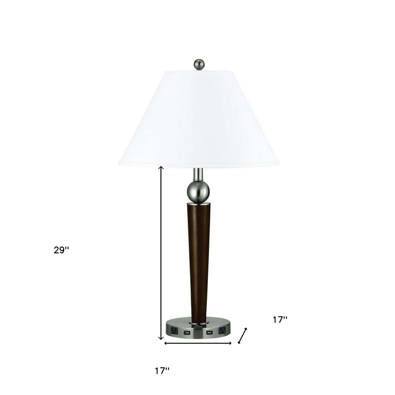 Metal Geometric USB Table Lamp With White Empire Shade - Nickel