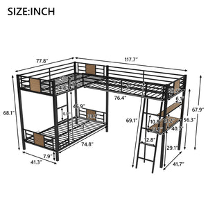 L-Shaped Twin over Twin Bunk Bed with Twin Size Loft Bed with Desk and Shelf ,Brown