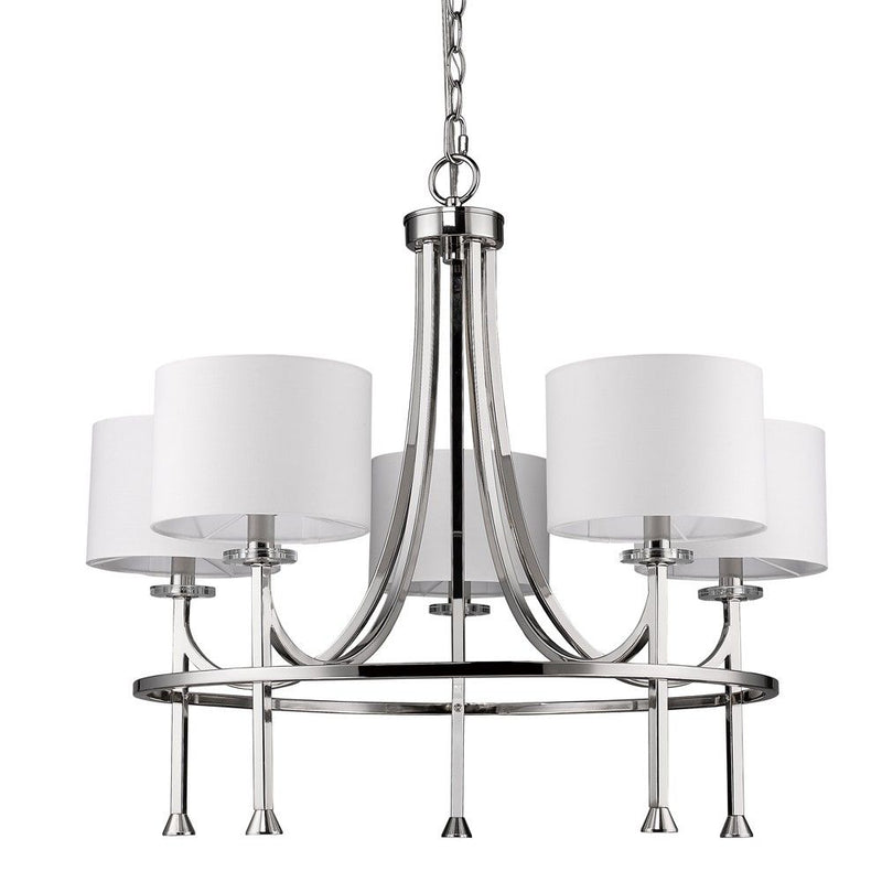 Candle Style Five Light Metal & Crystals Dimmable Chandelier With White Shades - Silver / White