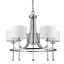 Load image into Gallery viewer, Candle Style Five Light Metal &amp; Crystals Dimmable Chandelier With White Shades - Silver / White
