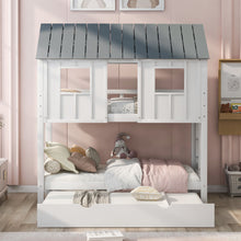 Load image into Gallery viewer, Twin Size House Bunk Bed With Trundle, Roof And Windows - White / Gray
