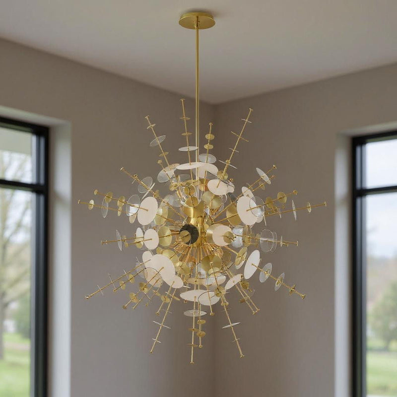 58" Twelve Light Dimmable Chandelier With Shades - Brass