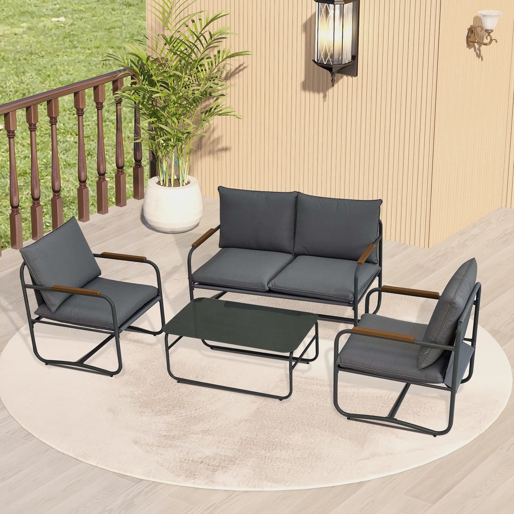 4-Piece Outdoor Patio Furniture Sets, Patio Conversation Set with Removable Seating Cushion, Courtyard Patio Set for Home, Yard, Poolside (Grey)