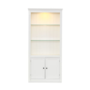 Retro Style Display Bookcase With Adjustable LED Ceiling Light And Tempered Glass Shelves - White