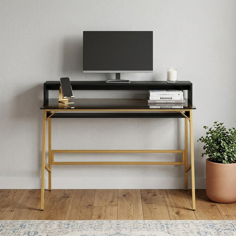 Stainless Trestle Writing Desk - Smoky / Black / Gold