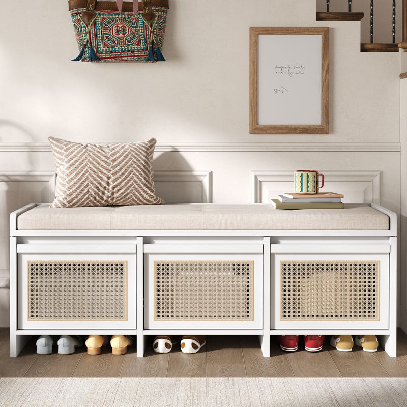 Entryway Shoe Bench With Drawers & Button Tufted Cushion
