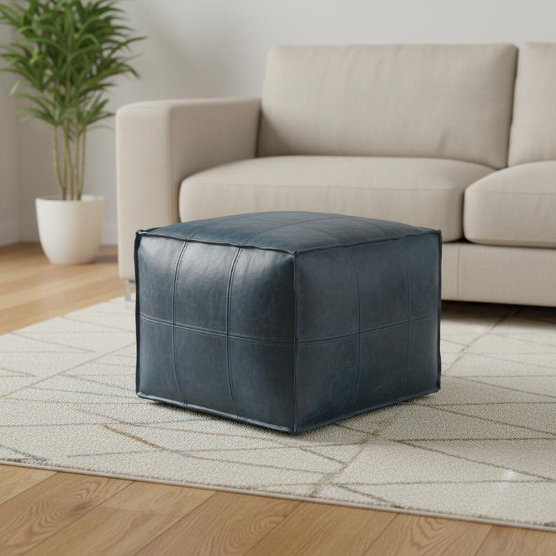 Leather Pouf Ottoman - Blue