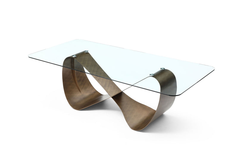 Glass Steel Cross Leg Base Dining Table - Clear / Bronze