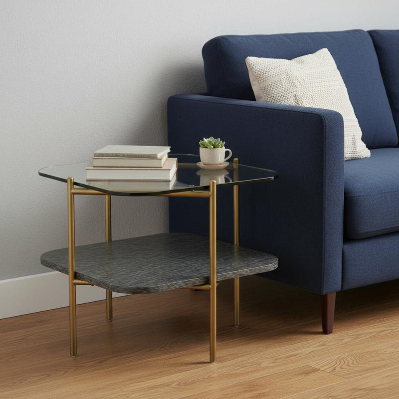 Glass And Metal Square End Table With Shelf - Gold And Clear