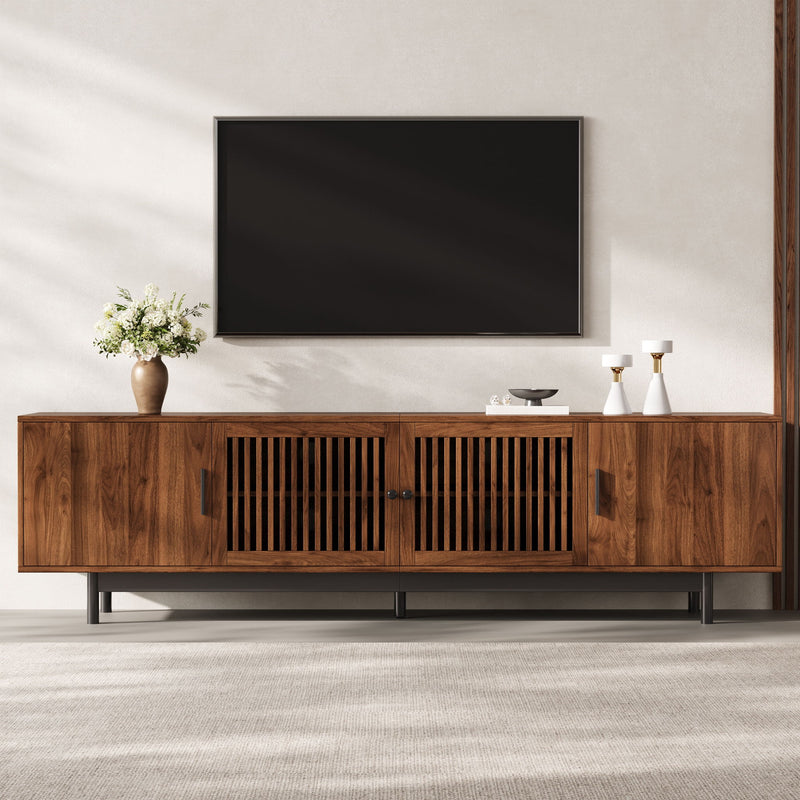 TV Stand, Media Console With Soft Closing Hinges, Adjustable Shelves, Slatted Doors - Walnut