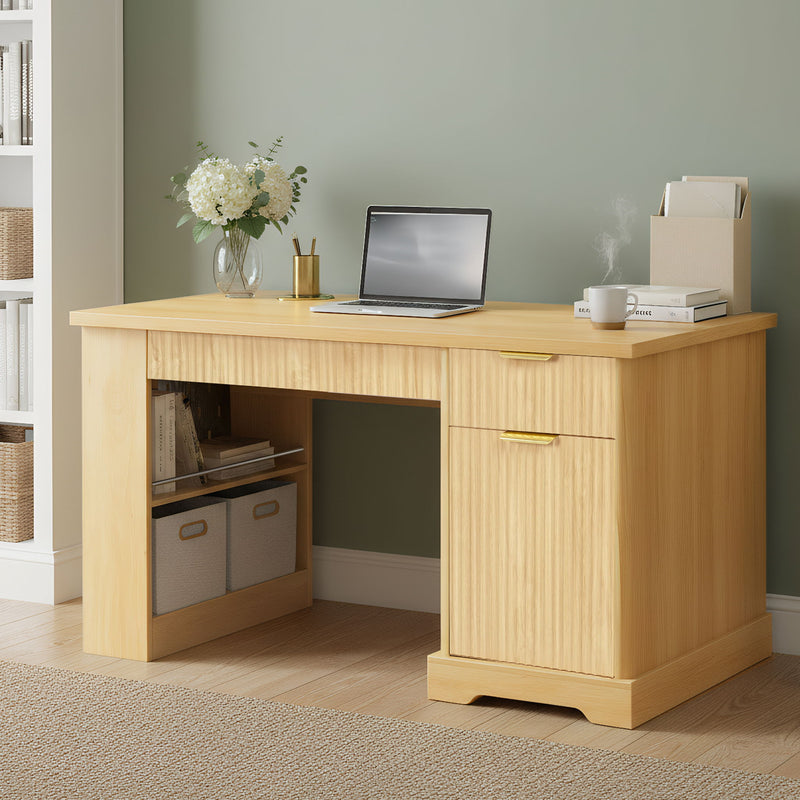 Modern Fluted Office Desk With Storage Cabinet