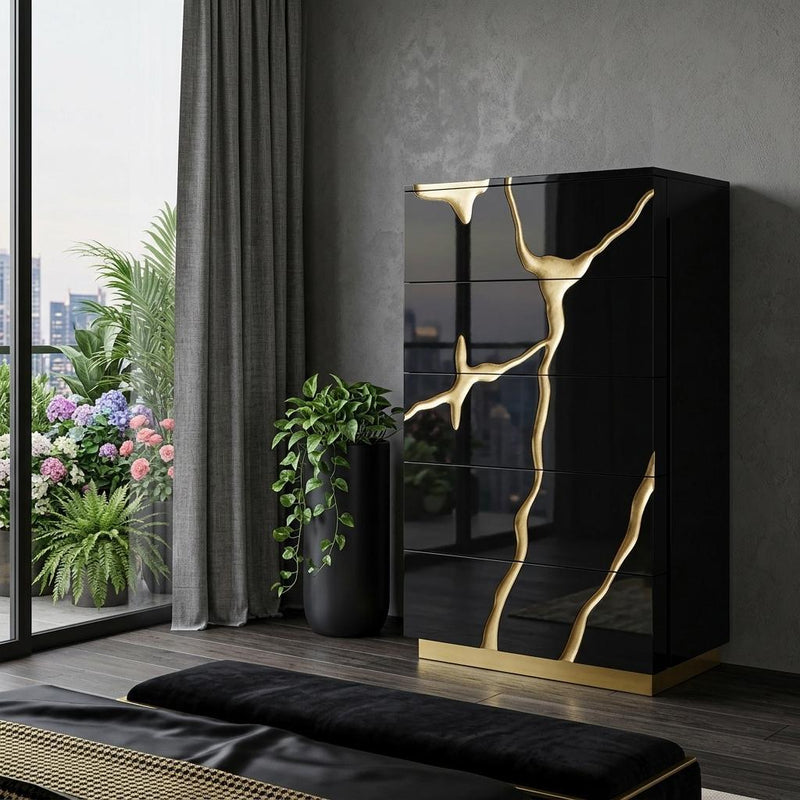 Carved Abstract Wood Five Drawer Dresser - Black And Gold