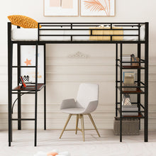 Load image into Gallery viewer, Loft Metal Bed With 3 Layers Of Shelves And Desk, Stylish Metal Frame Bed With board
