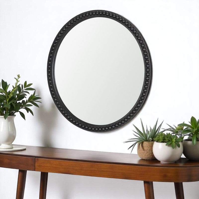 30" Solid Beaded Round Framed Accent Mirror - Black