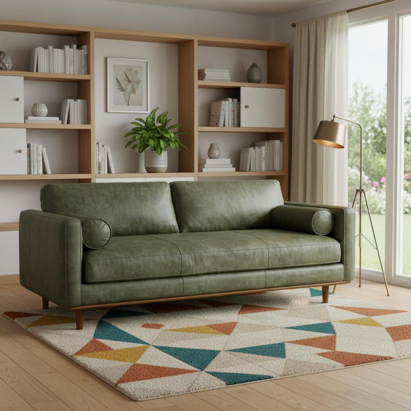 Moss Leather Sofa With Brown Legs - Moss Green