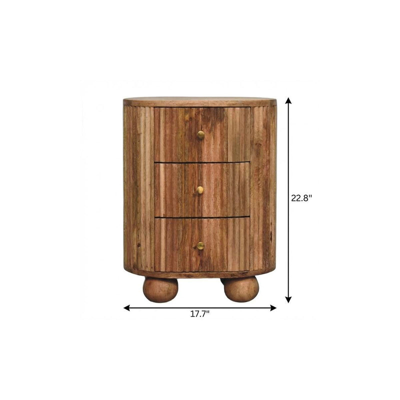 Solid Wood Round Ribbed Texture Three Drawer Nightstand - Oak