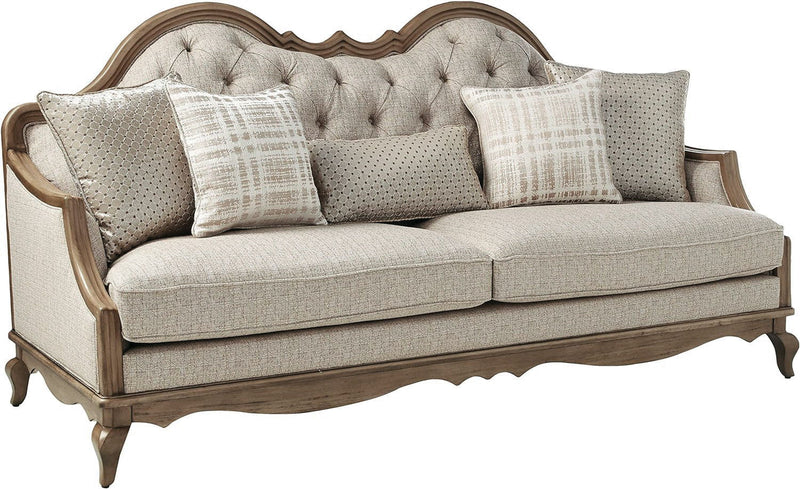 Upholstered Solid Wood Sofa With Toss Pillows - Brown / Beige